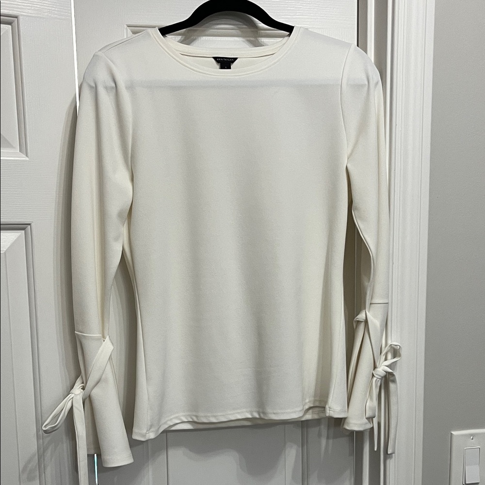 Ann Taylor Light Cream Long Sleeve Top with Tie Accents
